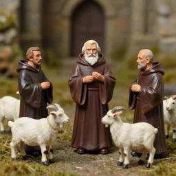miniatures photography ofbreton monks looking like rasputin with goats, everything has a plasticine sheen