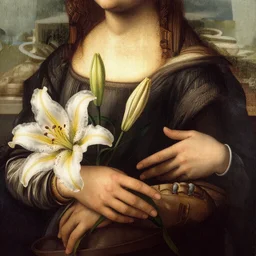 detail over the lily and hands in the annunciation by da vinci in bright colors