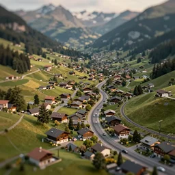 tilt shift focus, miniature 1 9 4 0 s alpine valley, aerial view, quaint town, snaking roads with cars, fill light, golden hour, model railroad style