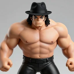 macro face shot of michael jackson oversized muscular hulked powerlifter with fedora hat by neca!!! pretty! beautiful! action pose shirtless muscular black pants blue military jacket very detailed realistic action figure by neca in the style of jojo adventure, character from king of fighters, film still, bokehs