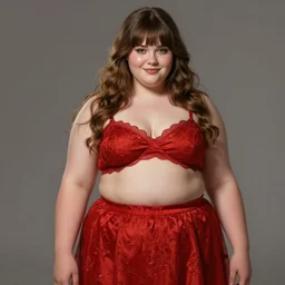 full body portrait of teenage veronica lodge, obese, bangs, sultry, realistic, sultry smirk, wavy hair, red skirt, fat, belly, intricate, elegant, glowing lights, highly detailed, digital painting, artstation, concept art, smooth, sharp focus, illustration, art by wlop, mars ravelo and greg rutkowski