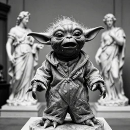 evil full body horror yoda, black and white grainy film, screaming, crying, by maxim verehin and bernini