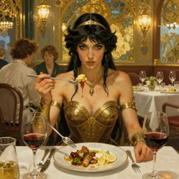 xena warrior princess eating at a restaurant art by artgerm and greg rutkowski and alphonse mucha