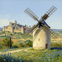 very long shot of a windmill, spots of blue flowers nearby, medieval french landscape, Carcassonne, city of carcassonne in the background, by Stanley Artgerm Lau, WLOP, Rossdraws, frank frazetta, Andrei Riabovitchev, Marc Simonetti, tranding on artstation