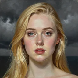 professional painting of Elle Fanning in the style of Marianne North, head and shoulders portrait, symmetrical facial features, smooth, sharp focus, illustration, intricate, stormy weather, extremely detailed masterpiece,