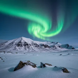 beautiful snowy mountain landscape of iceland at night with the majestic aurora borealis , art, high detail, high definition, photorealistic, hdr,