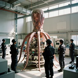 highly detailed photograph of the biological computer facility with armed guards with tentacles on kodachrome film in sunshine