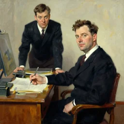michael scott sitting on his desk, painting by jc leyendecker!! phil hale!, angular, brush strokes, painterly, vintage, crisp