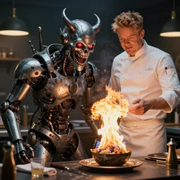 hyper realistic, 3 d, apocalyptic, demonic, robot laugh 4 k next to chef ramsay flambe