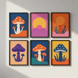 psychedelic mushrooms, simplified shapes, Print Wall Art Set Vibrant Retro Neon Color Block Landscapes Abstract Shapes Illustrations Minimalism Bohemian Decorative