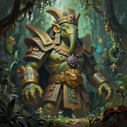Starcraft and Doom themed painting of mayan jungle reptilian human hybrid deity, fantasy matte painting, golden ratio, trending on cgsociety, cinematic, intricate, majestic, dark epic fantasy, trending on artstation, highly detailed, vibrant
