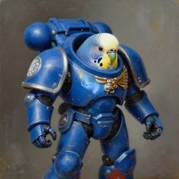 a portrait of a blue Budgie as a Space Marine from the Warhammer 40k, ultramarine space marine Budgie, blue armor, glorious, masterpiece painting portrait of by Rembrandt of a Budgie as a Warhammer 40k Space Marine , Budgie as a Space Marine from Warhammer 40k