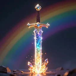 a magical sword of fire and crystals, prismatic colors, 🌈 in background, hyper realistic, raytraced