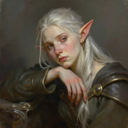 a portrait of a fantasy elf, bored, illustration, soft lighting, soft details, painting oil on canvas by Edmund Blair Leighton and Charlie Bowater octane render trending on artstation d&d characters, 4k, 8k, HD
