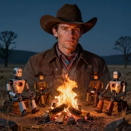 Western landscape, camp fire, several resting cowboy robots