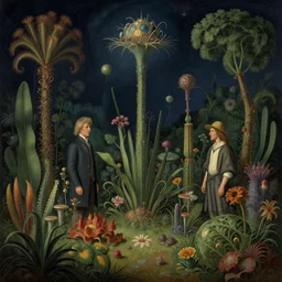 beautiful rendering of exotic plants by daniel merriam and karol bak and martin johnson heade, xenoplanet by roger dean and moebius, at night, mantra rendering, matte painting, high detailed, 4 k, trending on artstation