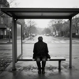 lonely man waiting at the bus stop on moody weather, lee friedlander