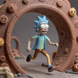 claymation model of Rick Sanchez traveling through a portal