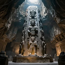 huge obsidian monument to occult gods found in an enormous hidden ancient Aztec cave, cinematic lighting