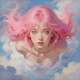 painting by krenz cushart!!, portrait of a beautiful girl, pink hair, floating in the clouds, finely detailed features, intricate brush strokes, beautiful lighting, trending on pixiv fanbox.