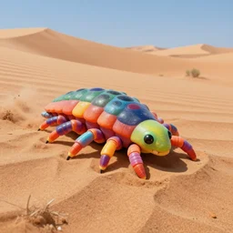 beautiful matte painting of a multicolored tardigrade coming out of the sand dune in the sahara desert by dan mumford and lisa frank, unreal engine, concept art, close up, vivid, trending on artstation