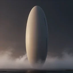 concept art render of a single massive beautiful neo - futuristic matte symmetrical elongated oval monolith emerging from fog at dusk by ilm and denis villeneuve, emmanuel shiu, zaha hadid, trailing white vapor, architectural scale, dark background, simplified forms, hyperrealism, matte painting, volumetric, trending on artstation, cgsociety, rendered in octane