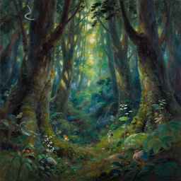oil painting of fantasy magic forest, by ghibli, pixar, disney, albert bierstadt