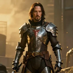keanu reeves as cyberpunk knight, atmospheric lighting, painted, intricate, golden hour, ultra detailed by philippe druillet