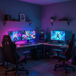 gamer room, rgb, stylized, artgerm, artstation, hd, cgsociety, cgi, realistic, dramatic, cinematic, artistic, trending, detailed