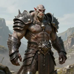 A muscular, large fanged orc with pale skin covered in scars stands near the hills, wearing spiky, complex, detailed armor without a helmet. Extremely high detail, realistic, fantasy art, masterpiece, art by Zdzisław Beksiński, Boris Vallejo