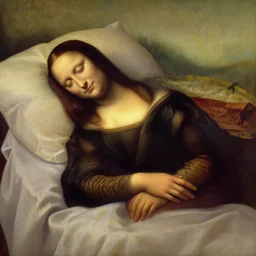 oil painting of woman sleeping on bed,  mona lisa lookalike, intricate, elegant, super highly detailed, by leonardo da vinci