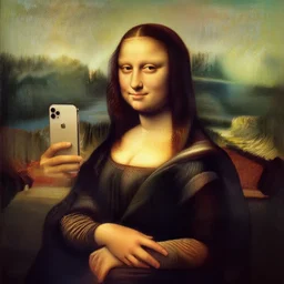 oil painting of Mona Lisa by Leonardo Da Vinci but Mona Lisa is using an iPhone to take a selfie, selfie pose