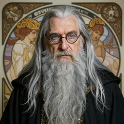 portrait of very tall and big 8 0 - year - old man, with blue eyes, very long silver hair, and very long silver beard, a long crooked nose, wearing half rounded glasses, dumbledore, wearing in black cloak, hyper realistic face, beautiful eyes, fantasy art, in the style of greg rutkowski, intricate, alphonse mucha, hyper detailed, smooth