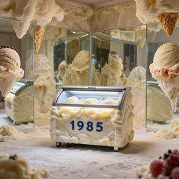 an ice cream fridge in the middle of a neapolitan ice cream river, from 1 9 8 5, made out of ice cream, reflected in mirrors, ice cream in background, low - light photograph, three point perspective, miniature subsurface scattering, photography tyler mitchell