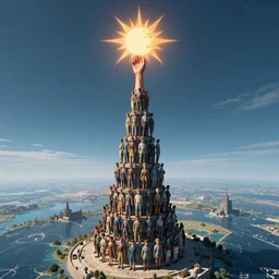 The tower of babel made of people standing on top of each other, at the top of the tower there’s a hand that’s reaching for the sun. Wide angle lens, we can see the earth in the frame.