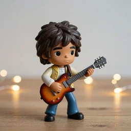 close up of photo of Jimmy Hendrix bobble head holding a guitar on table top with fairy lights in the background, thin dof, soft lighting, realistic, swirly bokeh