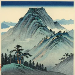 a picture of a mountain range with trees and mountains in the background, poster art by buckminster fuller, unsplash, ukiyo - e, ukiyo - e, 1 9 2 0 s, woodcut - n 6