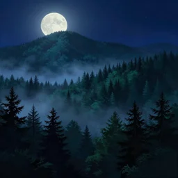 moonlit night, forested mountains, cold light, dense forest, overhead view, fog, 2 d disney cartoon style