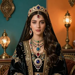 stunning awe-inspiring portrait of a lady in traditional Armenian attire, wearing highly detailed jewelries and ornaments, by Da Vinci and Picasso, beautiful face, beautiful portrait lighting, teal and orange colored background with traditional lampstands and furnitures, artstation, smooth