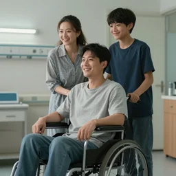 a male patient in a wheelchair in the hospital with his wife and son standing by. happy, cheerful, smiling, intricate, sharp focus, cinematic lighting, 8 k, art by emiliya lane, margaret dyer
