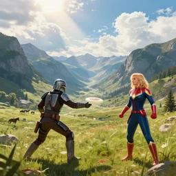 the mandalorian is playing frisbee with captain marvel on a mountain slope in a mountain valley with a scenic view of a valley behind you can see horses and tractors in distance the sun rays are cutting through the white clouds, illustration, beautiful, highly detailed, leica, award winning photo,