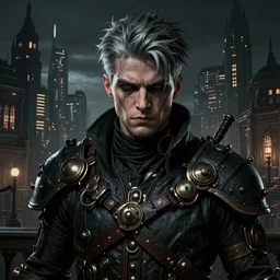 ultra - detailed portrait of corvo attano, dunwall city behind him, cinematic lighting, depressive atmosphere, steampunk, sharp focus, dishonored wallpaper 4 k, by paul kelpe, feautured on cgsociety, rayonism, steampunk, dishonored 1 wallpaper