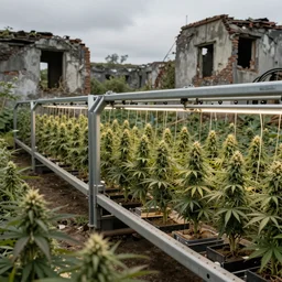 automated farming array harvesting cannabis, sci fi, ruins, photography, concept art, featured, highly detailed, overcast
