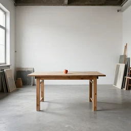 A 10ft by 10ft art studio, table in the middle of the room with an apple on the table, table is centered