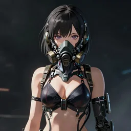kyoto animation, cool girl wearing cyberpunk intricate bikini, respirator, detailed portrait, cell shaded, 4 k, concept art, by wlop, ilya kuvshinov, artgerm, krenz cushart, greg rutkowski, pixiv. cinematic dramatic atmosphere, sharp focus, volumetric lighting, cinematic lighting, studio quality
