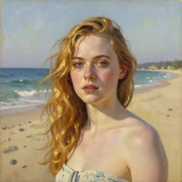 Elle Fanning in the beach, head and shoulders masterpiece, oil on canvas, golden hour, in the world of Andrew Wyeth, artstation, by J. C. Leyendecker and Peter Paul Rubens,