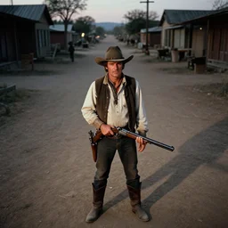 Jar Jar Binks in a cowboy hat, holding a shotgun, standing in a dusty old western street at dusk, movie screenshot directed by Sergio Leone. Shot from a high angle. Cinematic. 24mm lens, 35mm film, Fujifilm Reala, f8