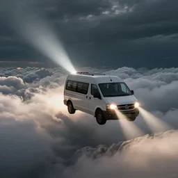 a flying van coming out of thick clouds, its headlights shining in the dark sky