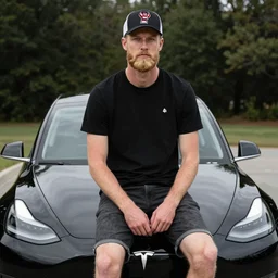 tall skinny white guys with a very short stragerly blonde beard wearing an nc state baseball cap sitting on the hood of a black tesla, 4 k, photorealistic, fine detail