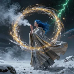 swirls of smoke, snow, and glitter whirl around a young blue - haired woman wearing a long flowing cloak blowing in the wind, swirling flashes of gold and silver light, traces of green, lightning in distant clouds, cinematic lighting, fantasy painting, distant planet